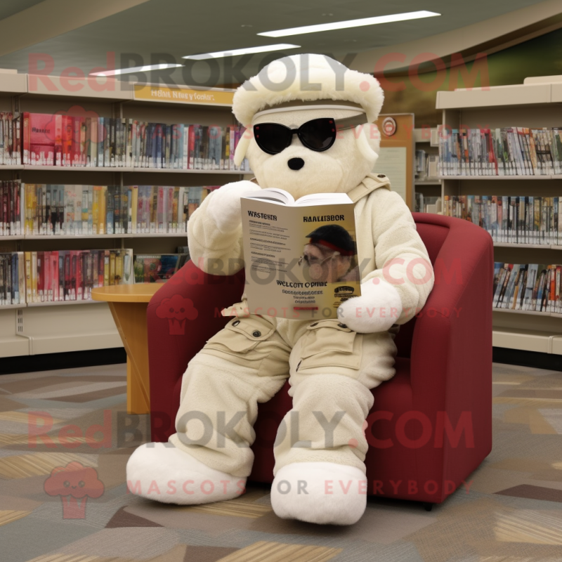 Cream Sniper mascot costume character dressed with a Corduroy Pants and Reading glasses