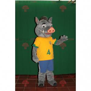 Gray and pink wild boar mascot in sportswear - Redbrokoly.com