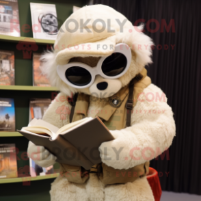 Cream Sniper mascot costume character dressed with a Corduroy Pants and Reading glasses