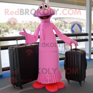 Pink Stilt Walker mascot costume character dressed with a Wrap Dress and Briefcases