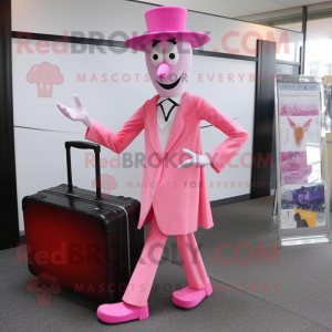 Pink Stilt Walker mascot costume character dressed with a Wrap Dress and Briefcases