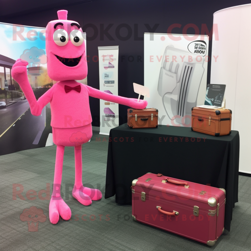 Pink Stilt Walker mascot costume character dressed with a Wrap Dress and Briefcases