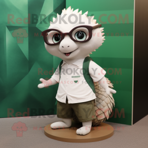 White Pangolin mascot costume character dressed with a T-Shirt and Eyeglasses