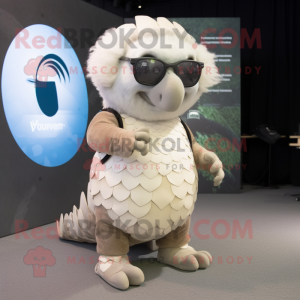 White Pangolin mascot costume character dressed with a T-Shirt and Eyeglasses