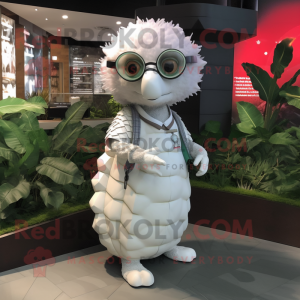 White Pangolin mascot costume character dressed with a T-Shirt and Eyeglasses