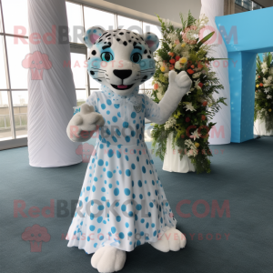 Cyan Leopard mascot costume character dressed with a Wedding Dress and Foot pads