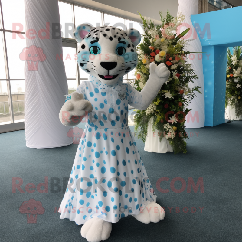 Cyan Leopard mascot costume character dressed with a Wedding Dress and Foot pads Cyan Leopard mascot costume character dressed with a Wedding Dress and Foot pads