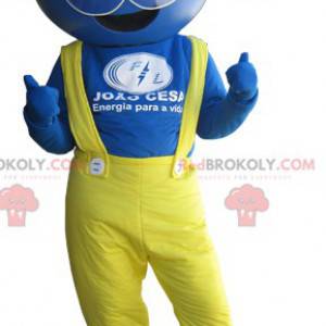 Mascotte de bonhomme bleu d'ouvrier habillé en jaune -