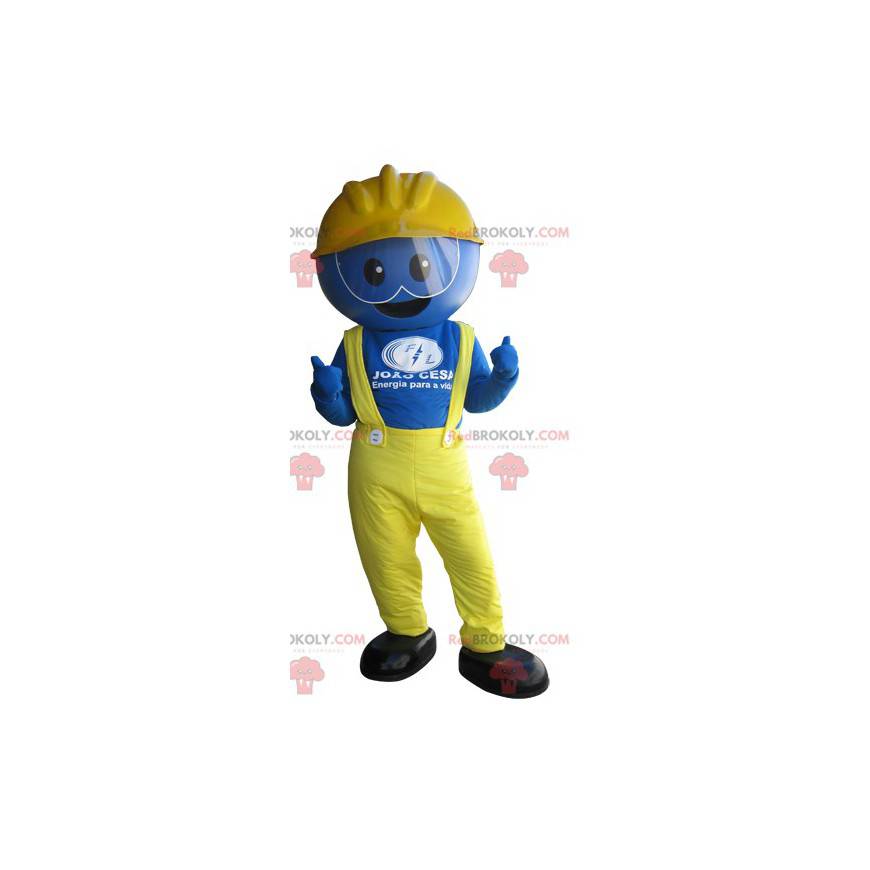 Mascotte de bonhomme bleu d'ouvrier habillé en jaune -