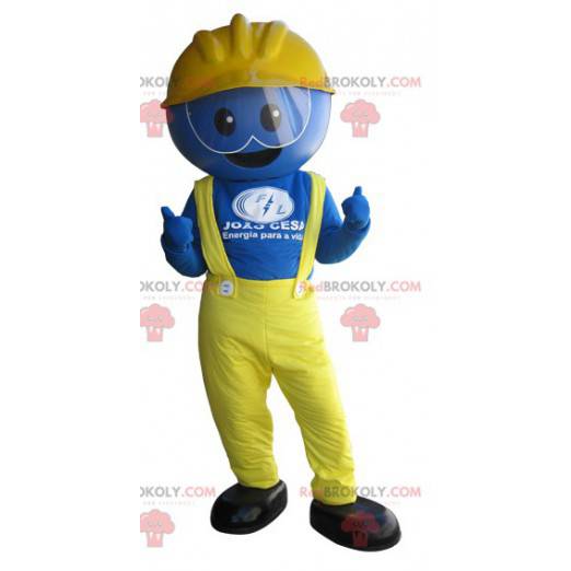 Blauwe werknemer mascotte gekleed in geel - Redbrokoly.com