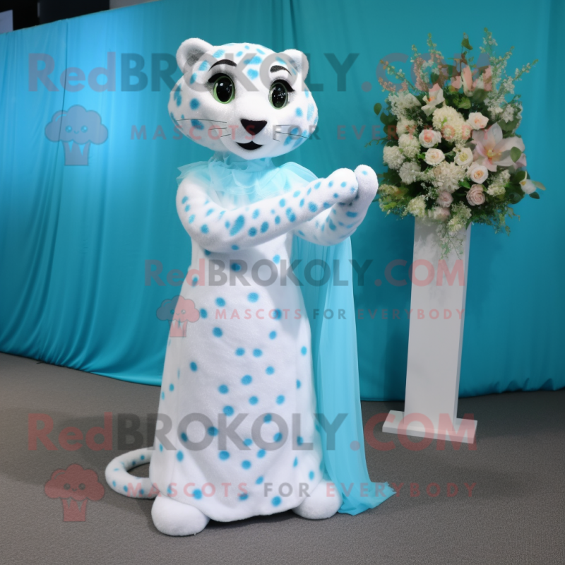 Cyan Leopard mascot costume character dressed with a Wedding Dress and Foot pads Cyan Leopard mascot costume character dressed with a Wedding Dress and Foot pads