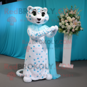 Cyan Leopard mascot costume character dressed with a Wedding Dress and Foot pads