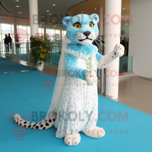 Cyan Leopard mascot costume character dressed with a Wedding Dress and Foot pads