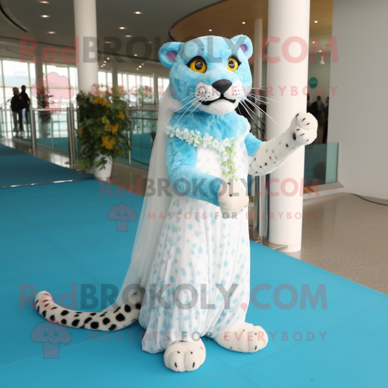 Cyan Leopard mascot costume character dressed with a Wedding Dress and Foot pads Cyan Leopard mascot costume character dressed with a Wedding Dress and Foot pads