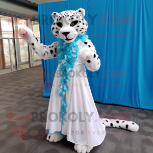 Cyan Leopard mascot costume character dressed with a Wedding Dress and Foot pads