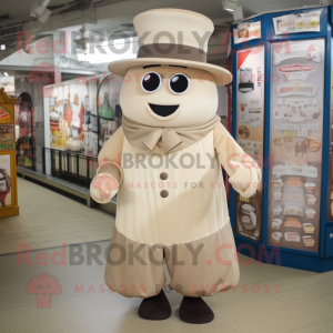 Beige Steak mascot costume character dressed with a Blouse and Hat pins