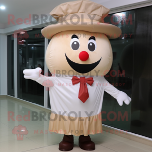 Beige Steak mascot costume character dressed with a Blouse and Hat pins