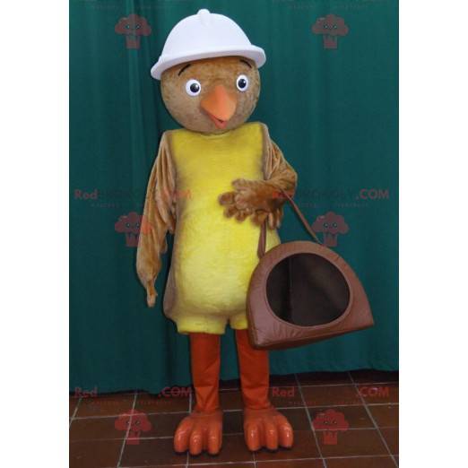 Braunes und gelbes Vogelmaskottchen mit einem weißen Helm -