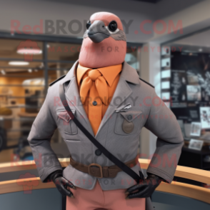 Peach Passenger Pigeon mascot costume character dressed with a Biker Jacket and Tie pins