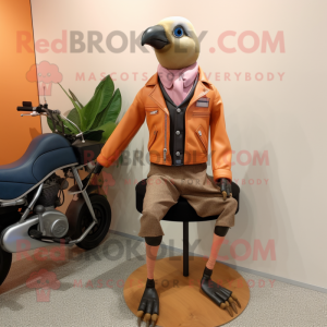 Peach Passenger Pigeon mascot costume character dressed with a Biker Jacket and Tie pins