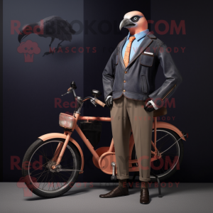 Peach Passenger Pigeon mascot costume character dressed with a Biker Jacket and Tie pins