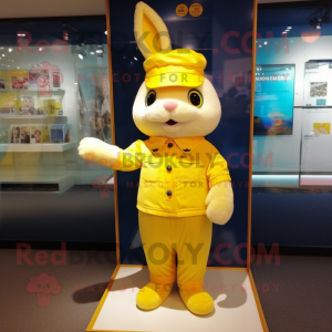 Lemon Yellow Rabbit mascot costume character dressed with a Culottes and Caps