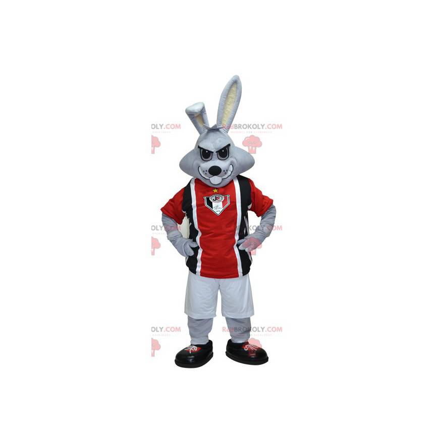 Grijs konijn mascotte in zwarte en rode sportkleding -