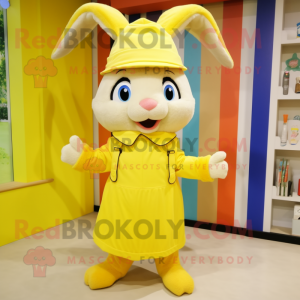 Lemon Yellow Rabbit mascot costume character dressed with a Culottes and Caps