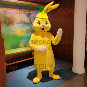 Lemon Yellow Rabbit mascot costume character dressed with a Culottes and Caps