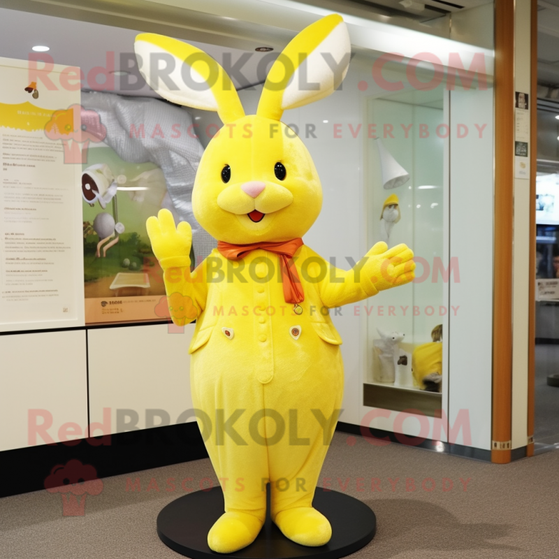 Lemon Yellow Rabbit mascot costume character dressed with a Culottes and Caps Lemon Yellow Rabbit mascot costume character dressed with a Culottes and Caps