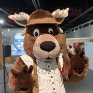 Brown Elk mascot costume character dressed with a Waistcoat and Mittens