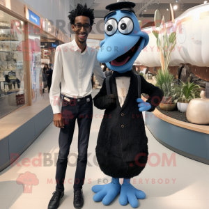 Black Stilt Walker mascot costume character dressed with a Boyfriend Jeans and Pocket squares