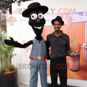 Black Stilt Walker mascot costume character dressed with a Boyfriend Jeans and Pocket squares