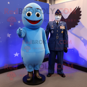 Blue Air Force Soldier mascot costume character dressed with a Mini Dress and Tie pins
