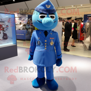 Blue Air Force Soldier mascot costume character dressed with a Mini Dress and Tie pins