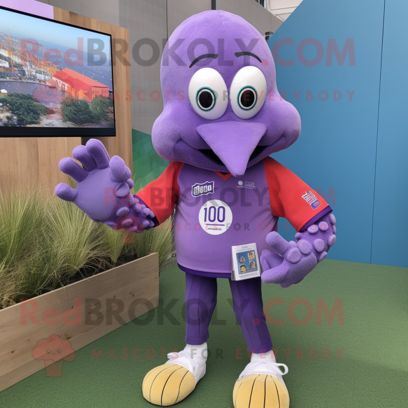 Lavender Octopus mascot costume character dressed with a Rugby Shirt and Bracelet watches