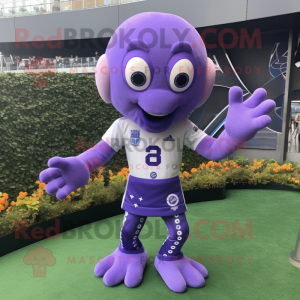 Lavender Octopus mascot costume character dressed with a Rugby Shirt and Bracelet watches