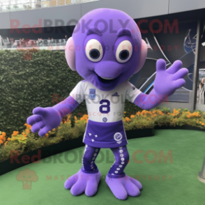 Lavender Octopus mascot costume character dressed with a Rugby Shirt and Bracelet watches