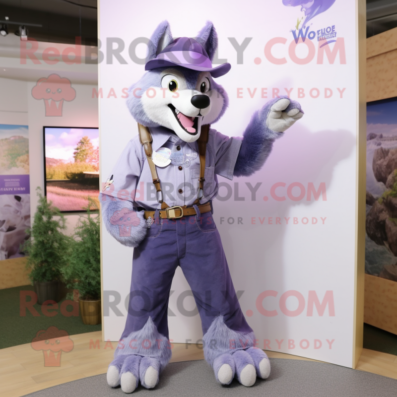 Lavender Wolf mascot costume character dressed with a Bootcut Jeans and Cummerbunds