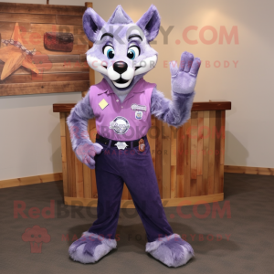 Lavender Wolf mascot costume character dressed with a Bootcut Jeans and Cummerbunds