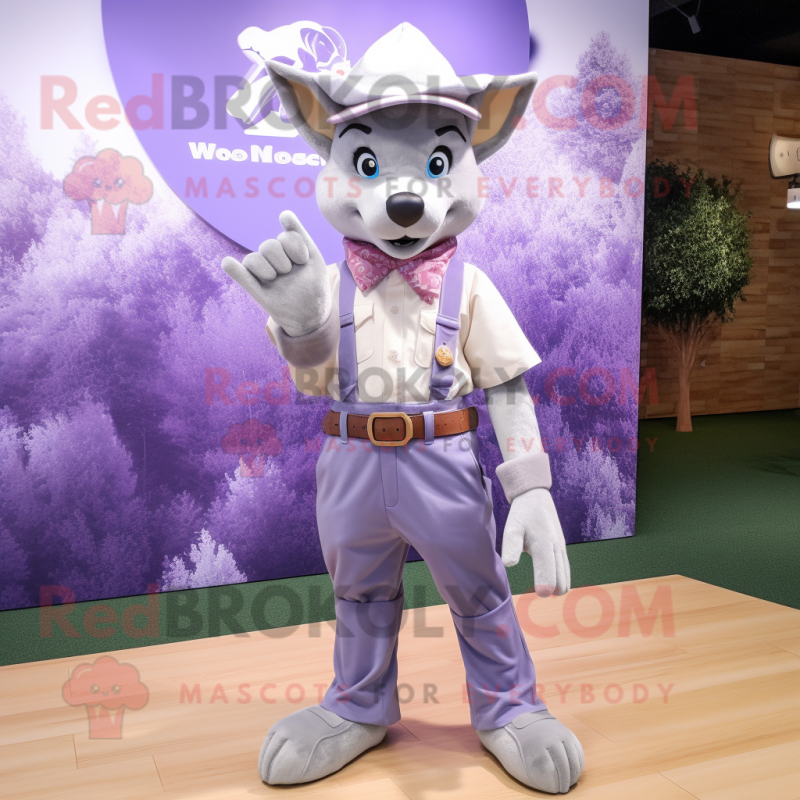 Lavender Wolf mascot costume character dressed with a Bootcut Jeans and Cummerbunds Lavender Wolf mascot costume character dressed with a Bootcut Jeans and Cummerbunds