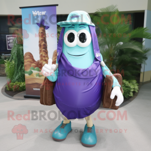 Cyan Eggplant mascot costume character dressed with a Cargo Shorts and Handbags