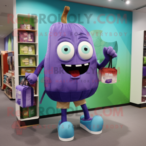 Cyan Eggplant mascot costume character dressed with a Cargo Shorts and Handbags