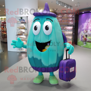 Cyan Eggplant mascot costume character dressed with a Cargo Shorts and Handbags