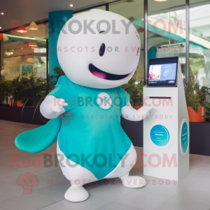 Turquoise Beluga Whale mascot costume character dressed with a Wrap Dress and Digital watches