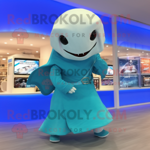 Turquoise Beluga Whale mascot costume character dressed with a Wrap Dress and Digital watches