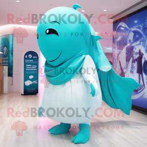 Turquoise Beluga Whale mascot costume character dressed with a Wrap Dress and Digital watches