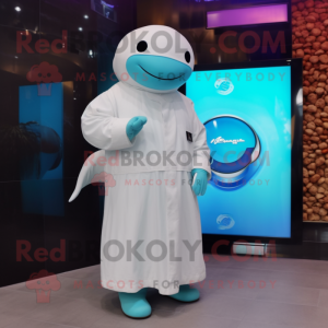 Turquoise Beluga Whale mascot costume character dressed with a Wrap Dress and Digital watches