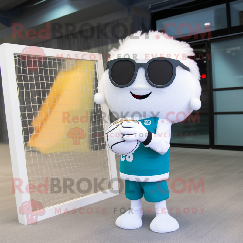 White Volleyball Net mascot costume character dressed with a Blazer and Reading glasses White Volleyball Net mascot costume character dressed with a Blazer and Reading glasses