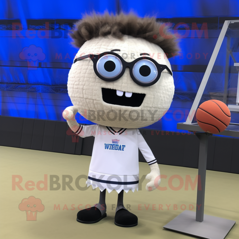 White Volleyball Net mascot costume character dressed with a Blazer and Reading glasses White Volleyball Net mascot costume character dressed with a Blazer and Reading glasses